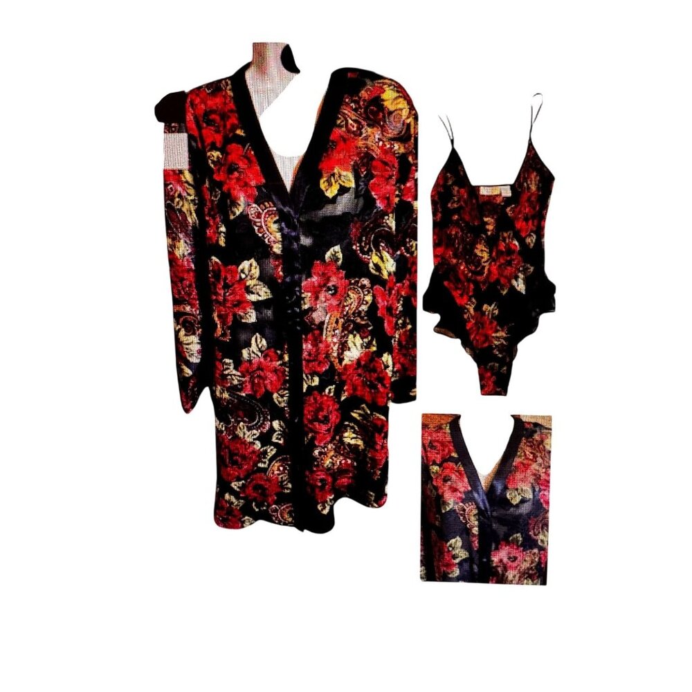 Victorias Secret Sheer Black Floral Robe Matching Bodysuit Set S Gold Label Y2K